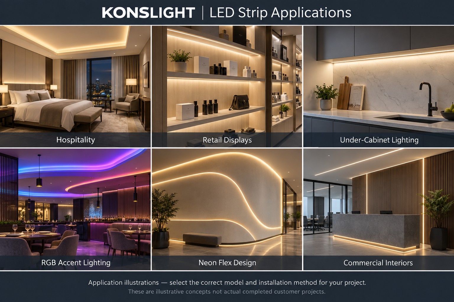 KONSLIGHT indoor lighting application illustrations for hospitality, retail and commercial interiors