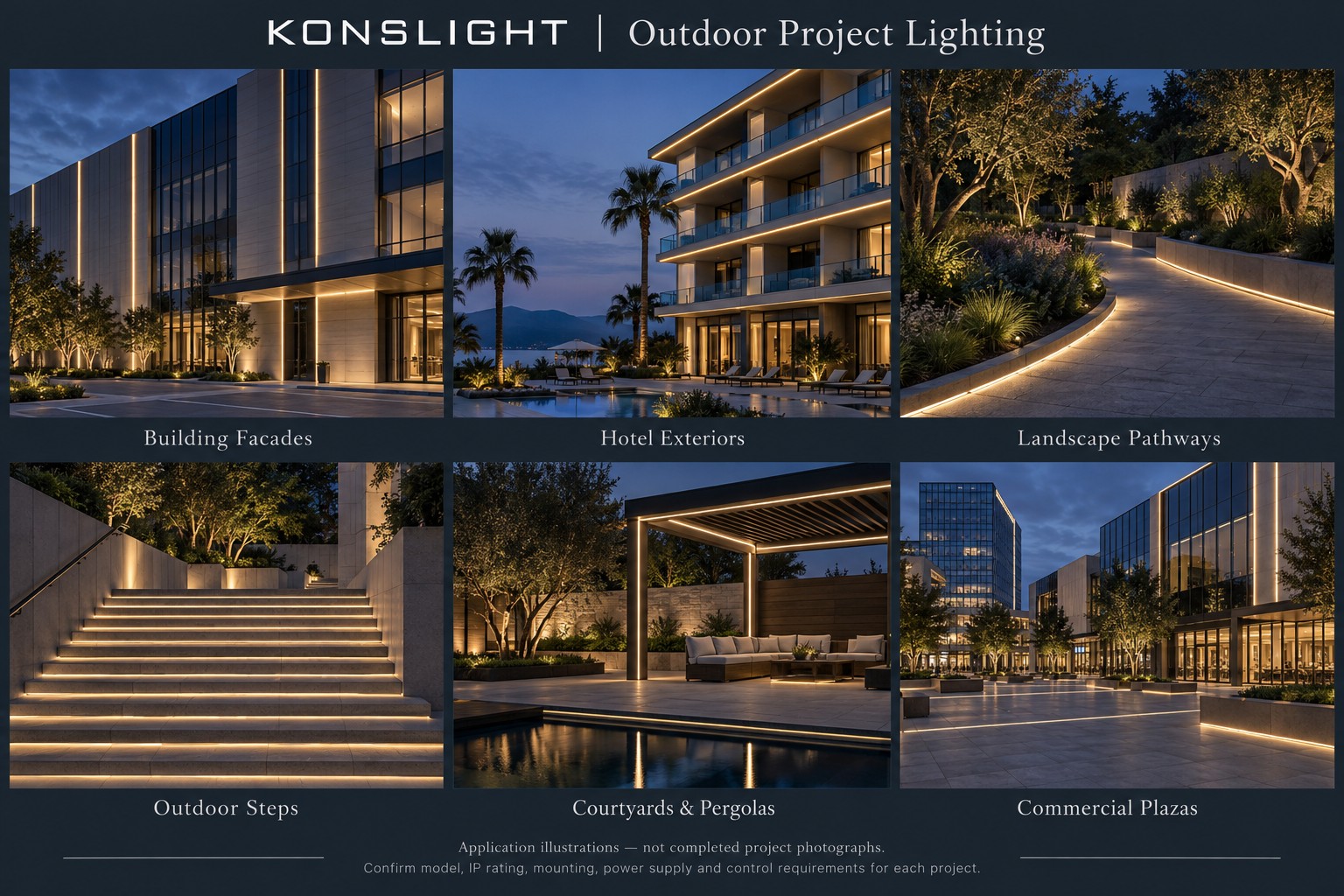 KONSLIGHT outdoor project lighting application illustrations: building facades, hotels, pathways, steps, courtyards and plazas