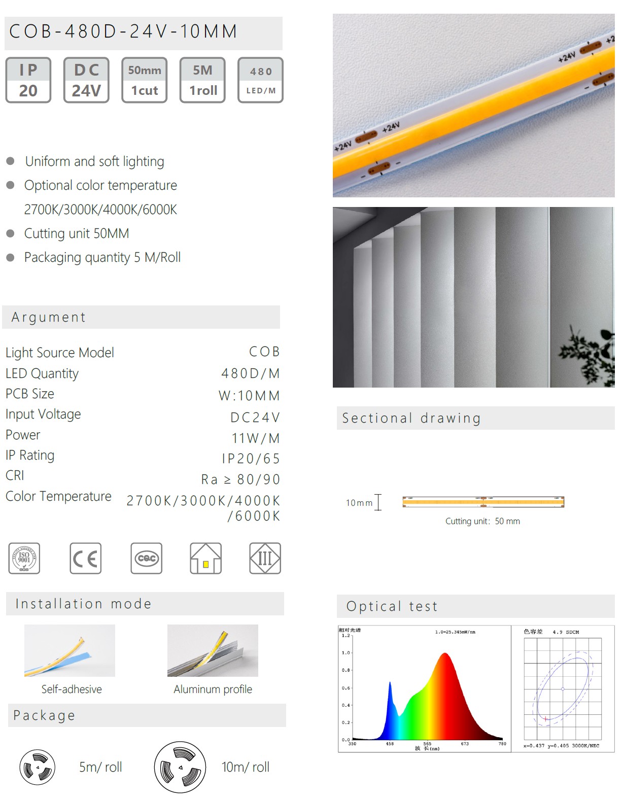 24V COB LED Strip – 480 LEDs/m, 10mm PCB, 11W/m