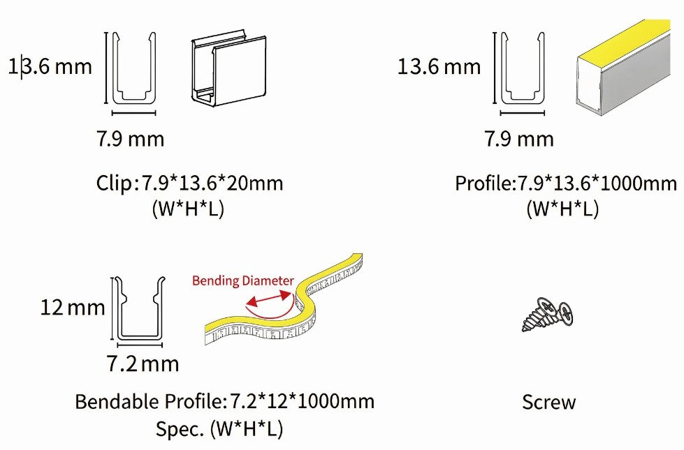W6 × H12 mm neon flex installation accessories