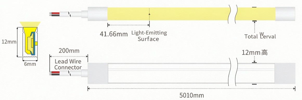 W6 × H12 mm side-emitting silicone LED neon flex profile drawing
