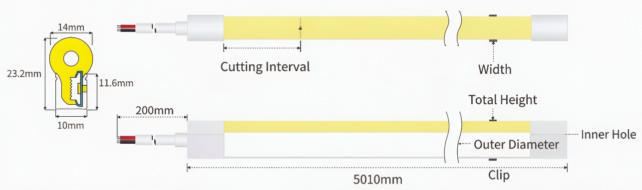 10×23 mm side-emitting silicone LED neon flex profile drawing