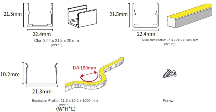 20 × 20 mm neon flex mounting accessories