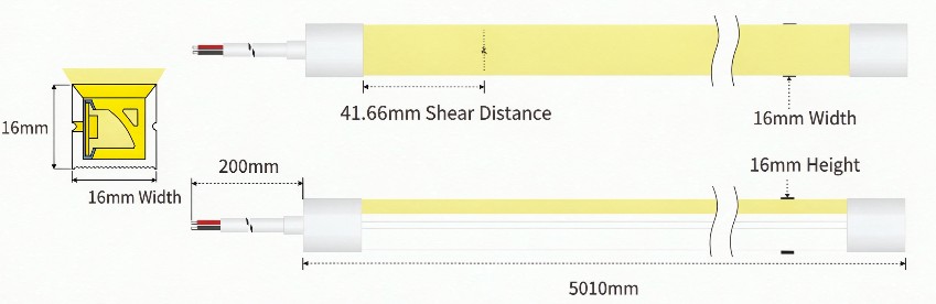 16 × 16 mm Side-Emitting Silicone LED Neon Flex | DC24V, IP66 16 × 16 mm side-emitting silicone LED neon flex profile drawing