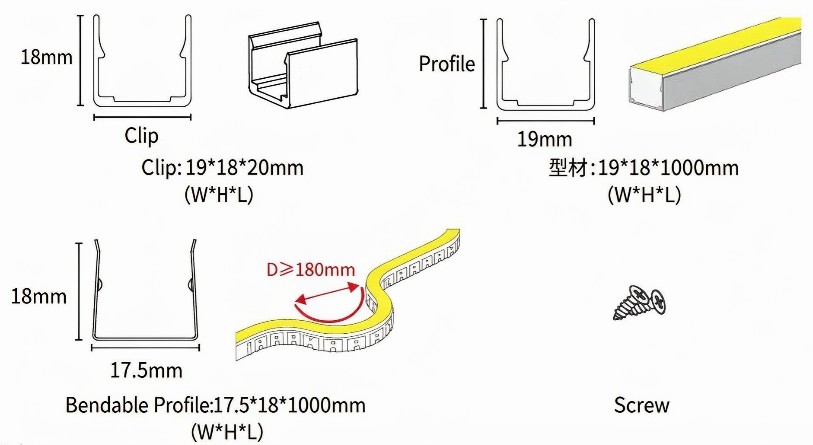 16 × 16 mm Side-Emitting Silicone LED Neon Flex | DC24V, IP66 16 × 16 mm neon flex mounting accessories